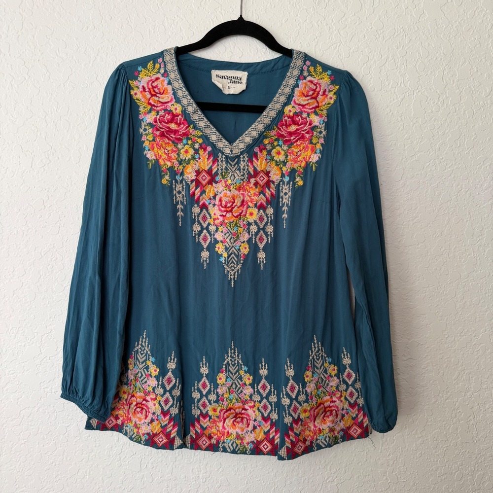 Savanna Jane Embroidered Top Floral Blouse Small Bold Bright Boho Peasant Fun